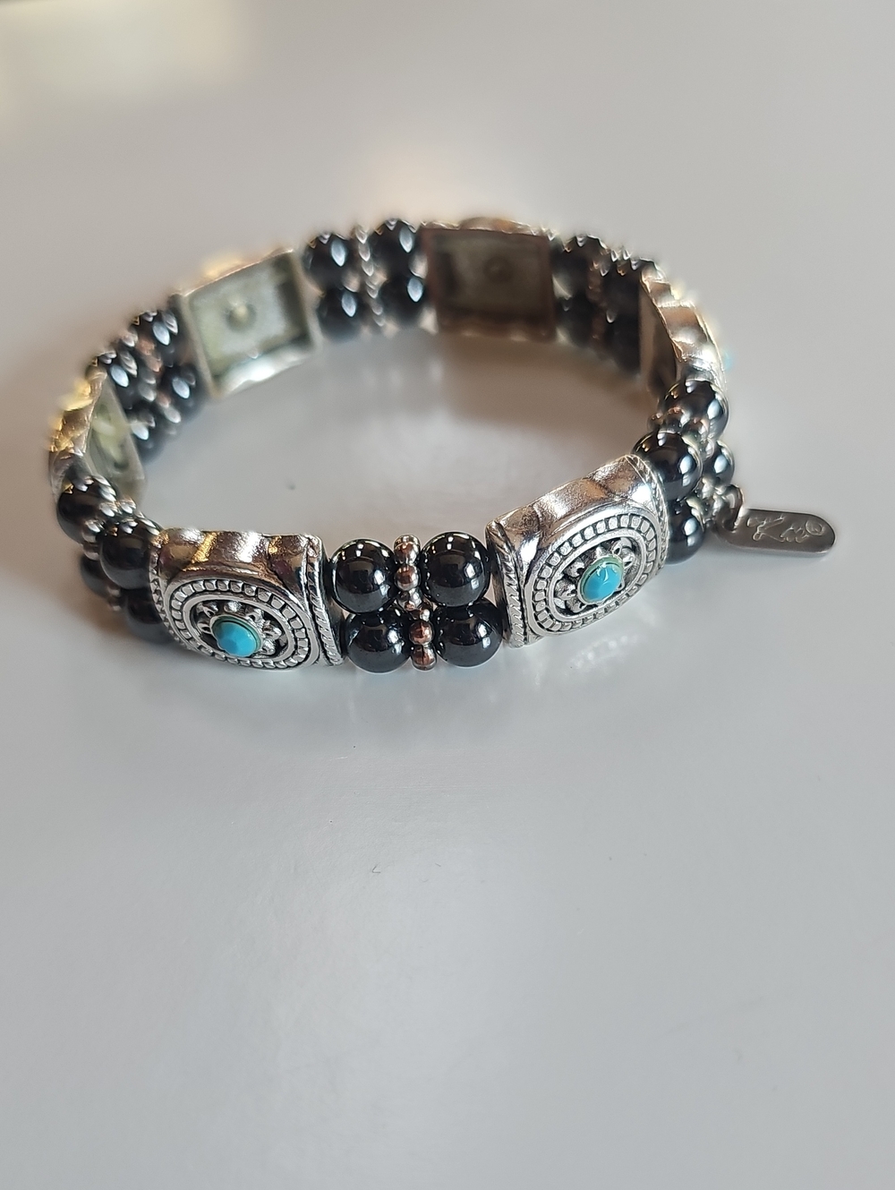 Sterling-Style Black Bead Bracelet with Turquoise Accents